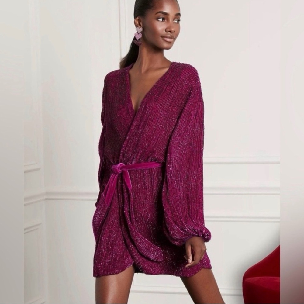 Retrofete Gabriella Robe Magenta Wrap Mini Dress with Tie Belt